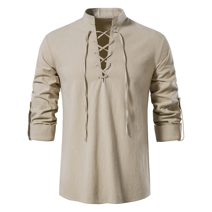 Cotton Linen Henley Long Sleeve Collar Shirt