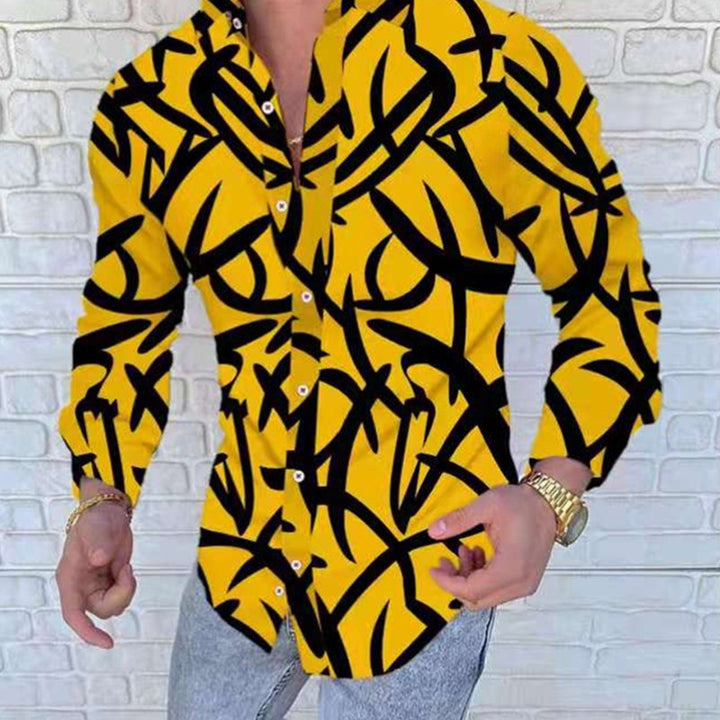 Men's Beach Print Casual Loose Long Sleeve Lapel Men's Top