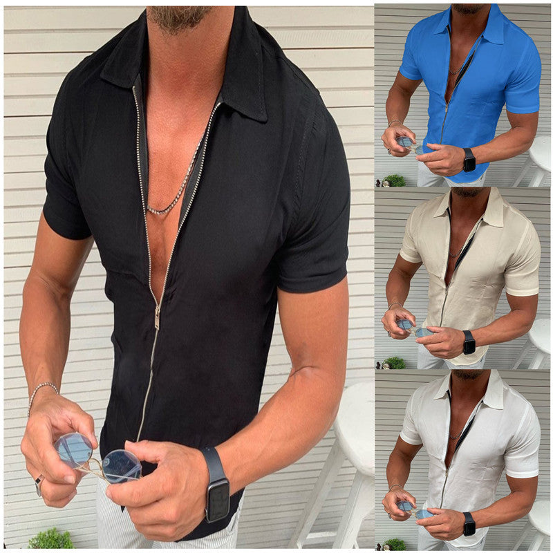 Solid Color Zipper Short Sleeve Cardigan
