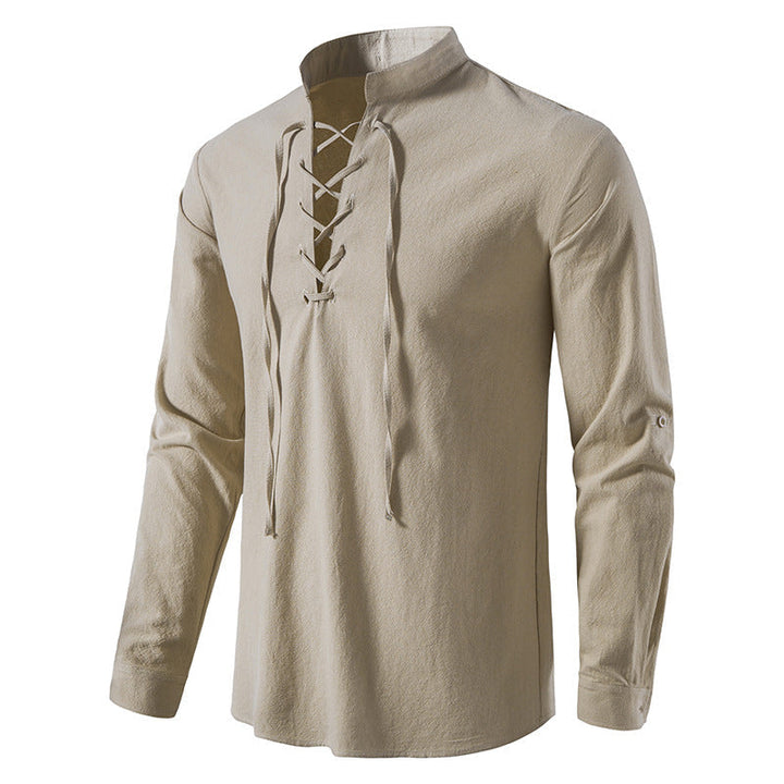 Cotton Linen Henley Long Sleeve Collar Shirt