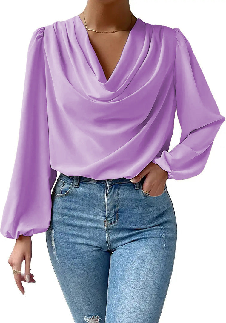 Chiffon Long-sleeved Shirt Loose V-neck Top T-shirt