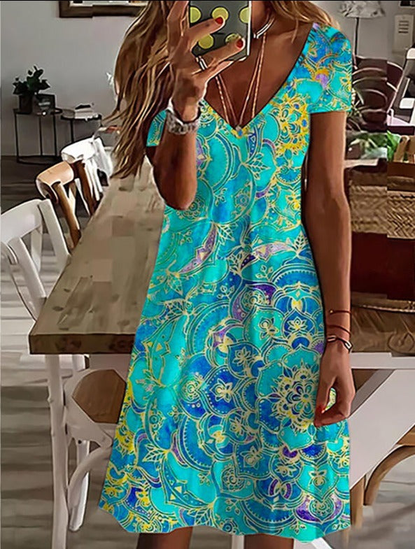 Women's V-Neck Fashion Print Loose Dress - Clevecorner