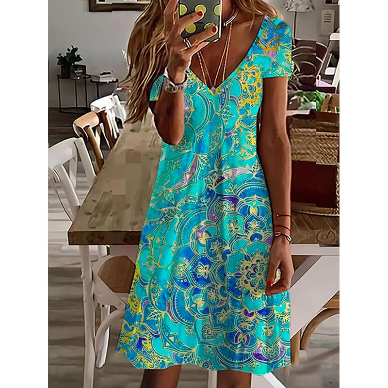 Women's V-Neck Fashion Print Loose Dress - Clevecorner