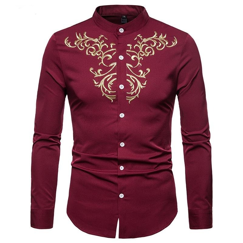 Men's Embroidered Henry Collar Ironing Free Long Sleeves Shirt
