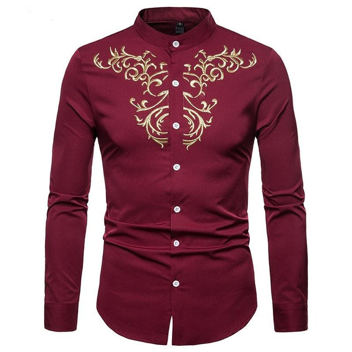 Men's Embroidered Henry Collar Ironing Free Long Sleeves Shirt