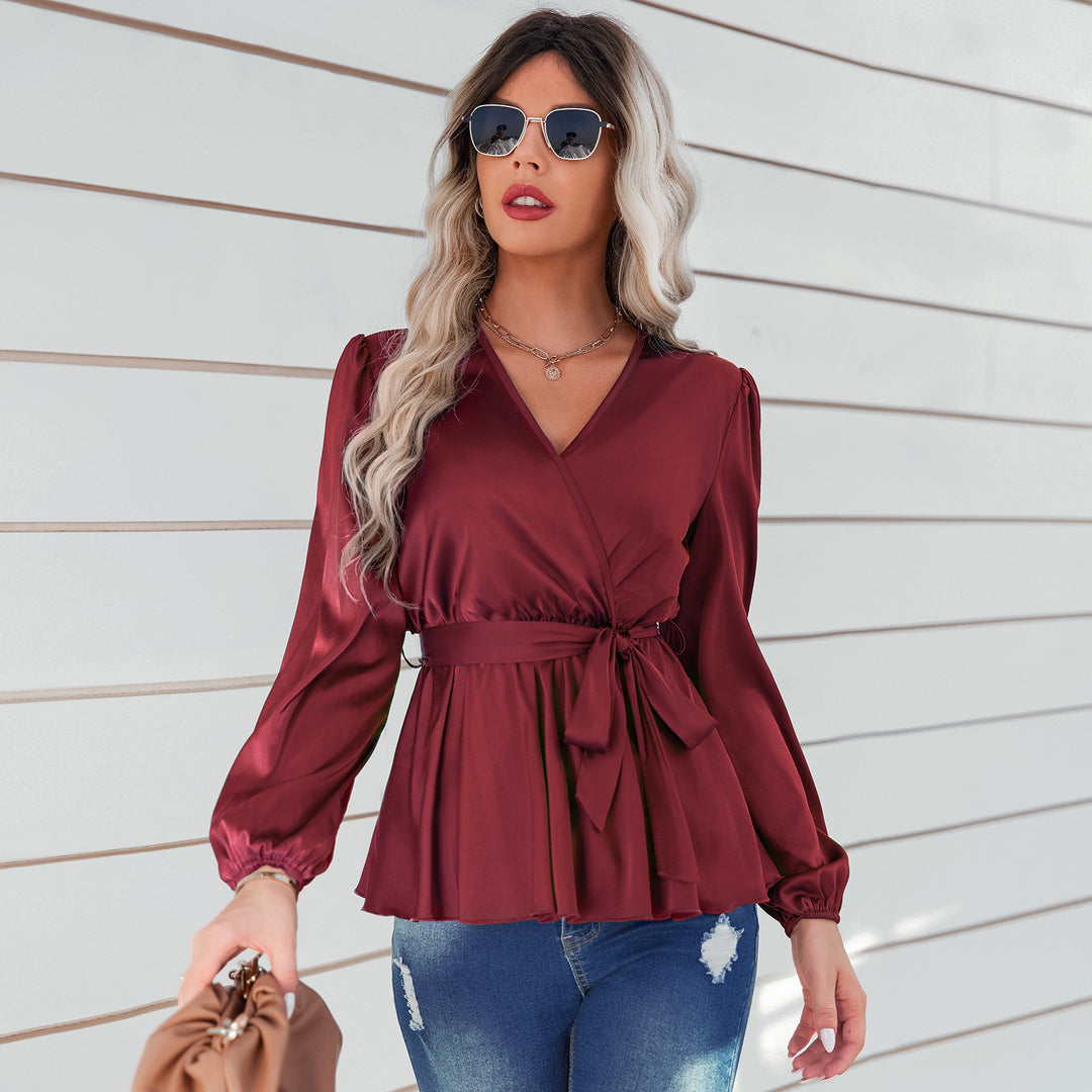 Women's Thin Fashion Tie Waist V-Neck Shirt - Clevecorner