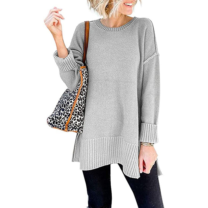Long Sleeve Side Slit Loose Wool Knit Pullover Blouse
