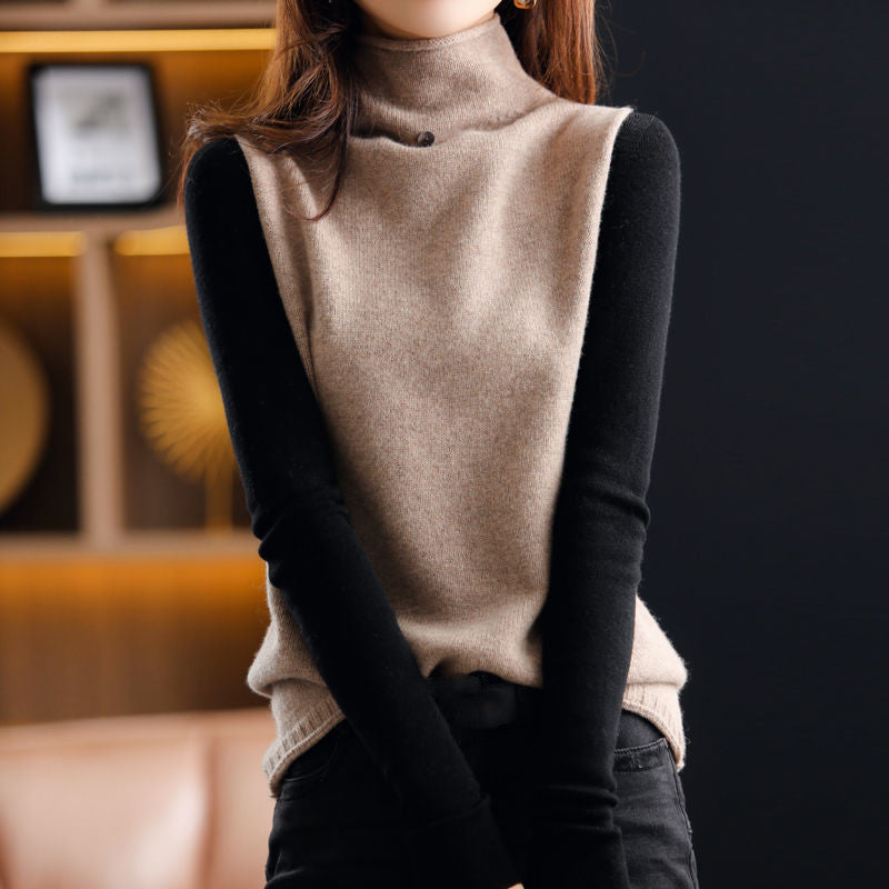 Women's High Collar Button Solid Color Knitted Vest - Clevecorner