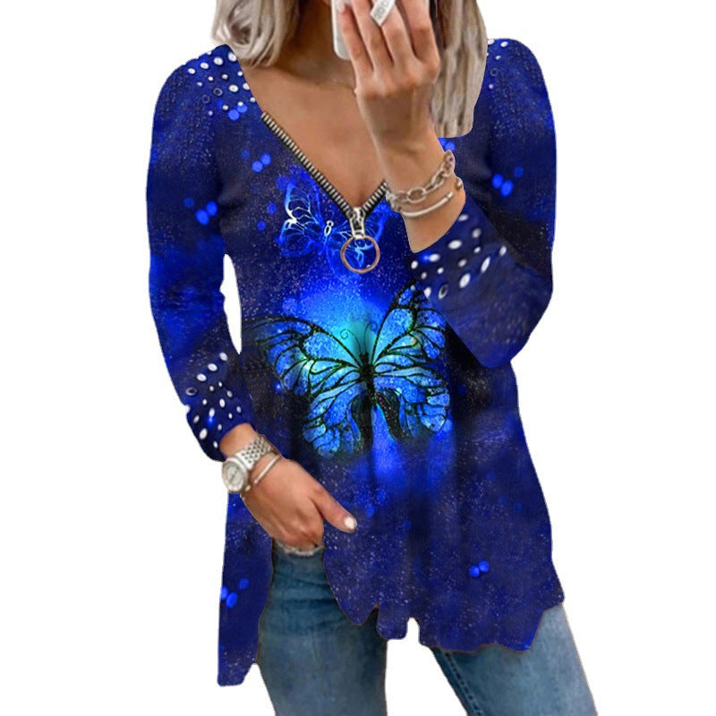 Women's V-neck Zipper Pullover Top Pearl Print T-shirt