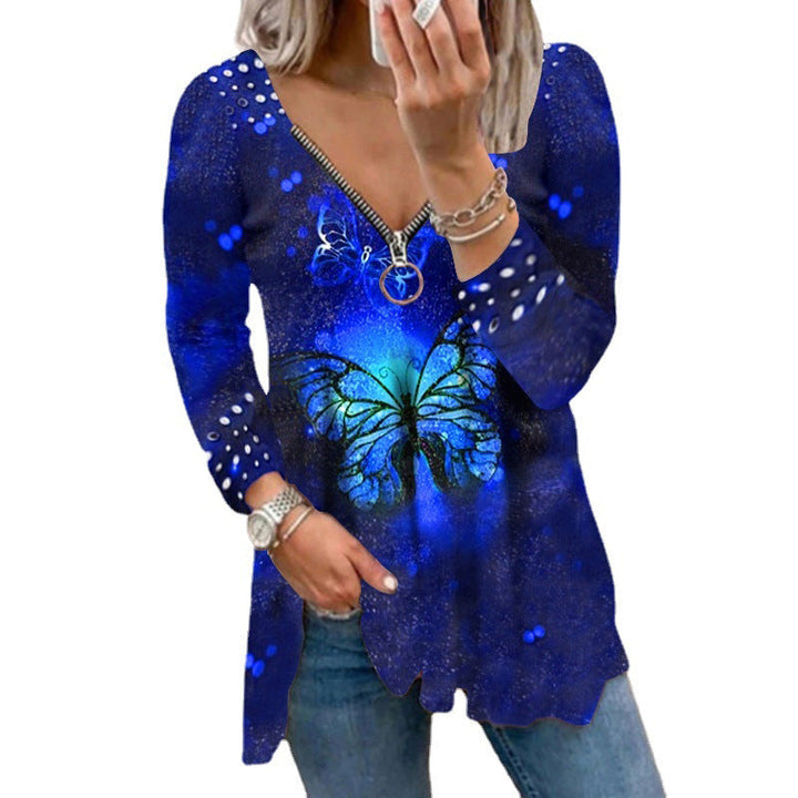 Women's V-neck Zipper Pullover Top Pearl Print T-shirt