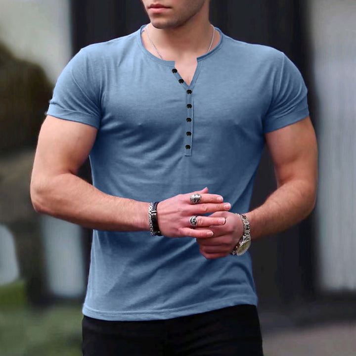 Refined Henley Elegance: Men's Short Sleeve Button-Up Solid Color T-Shirt