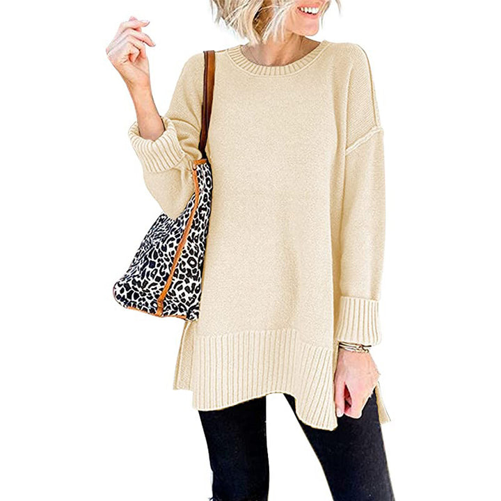 Long Sleeve Side Slit Loose Wool Knit Pullover Blouse