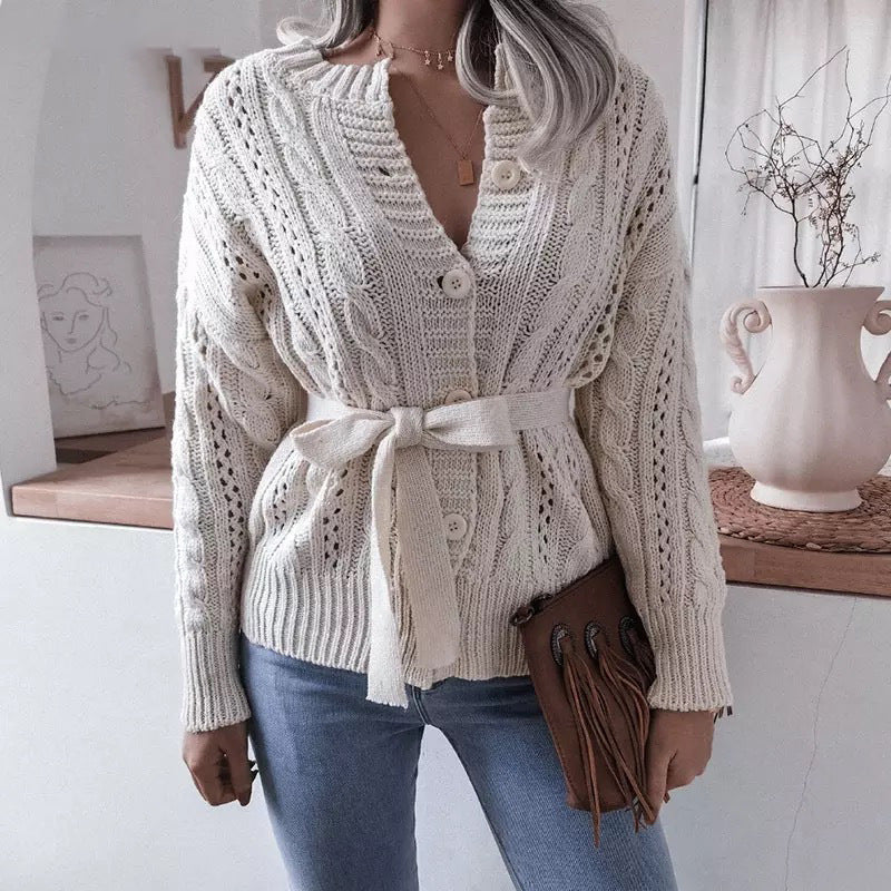 Twisted Buttoned Waist Knitted Cardigan - Clevecorner