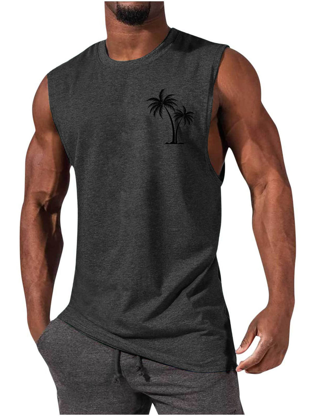 Coconut Tree Embroidery Vest Summer Beach & Workout Tank Top for Men