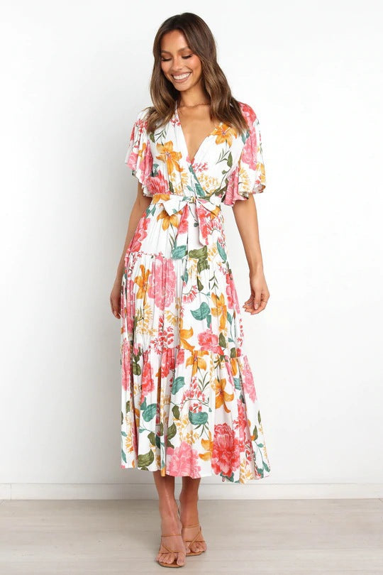 V-Neck Print Short Sleeve Bohemian Dress - Clevecorner