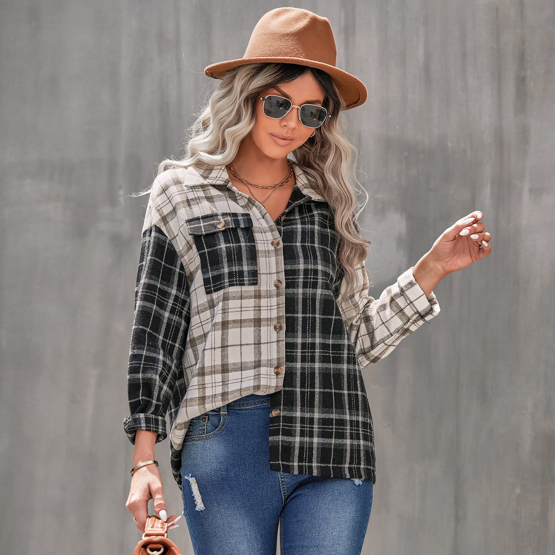 Women's Lapel Plaid Long Sleeve Cardigan Loose Shirt - Clevecorner