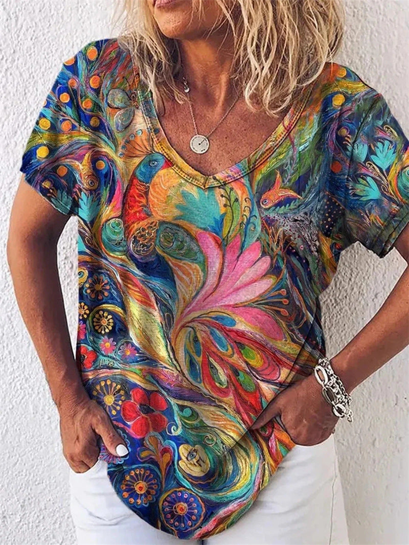 Summer Popular Floral Print Short-sleeved V-neck T-shirt For Women - Clevecorner