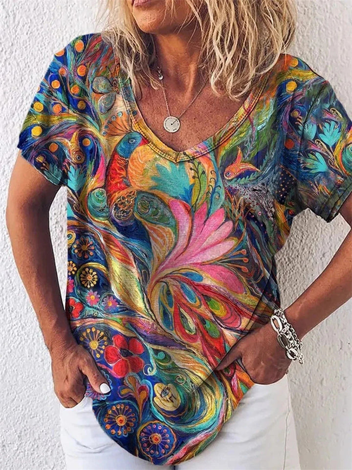 Summer Popular Floral Print Short-sleeved V-neck T-shirt For Women - Clevecorner