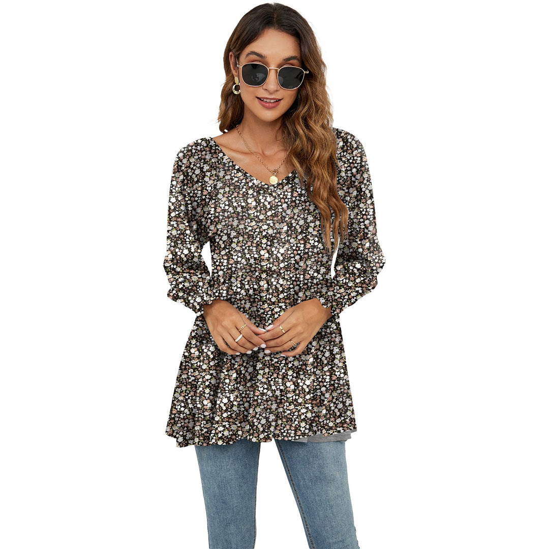 Long Puff Sleeve Tops Women Flowers Print Casual V-Neck Blouse T-Shirts