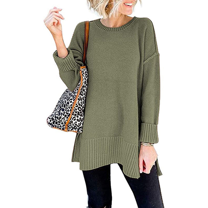 Long Sleeve Side Slit Loose Wool Knit Pullover Blouse