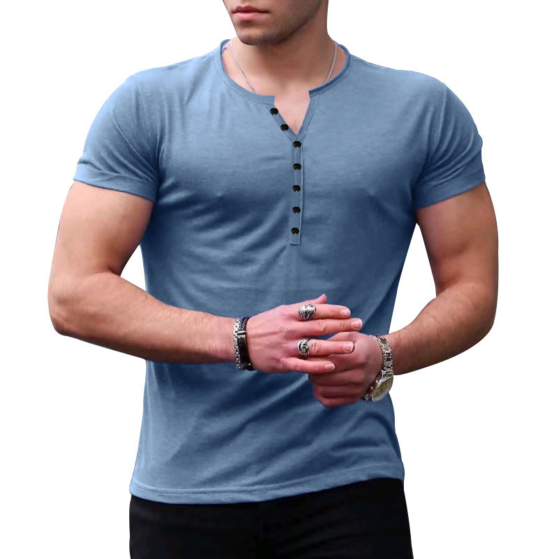 Refined Henley Elegance: Men's Short Sleeve Button-Up Solid Color T-Shirt