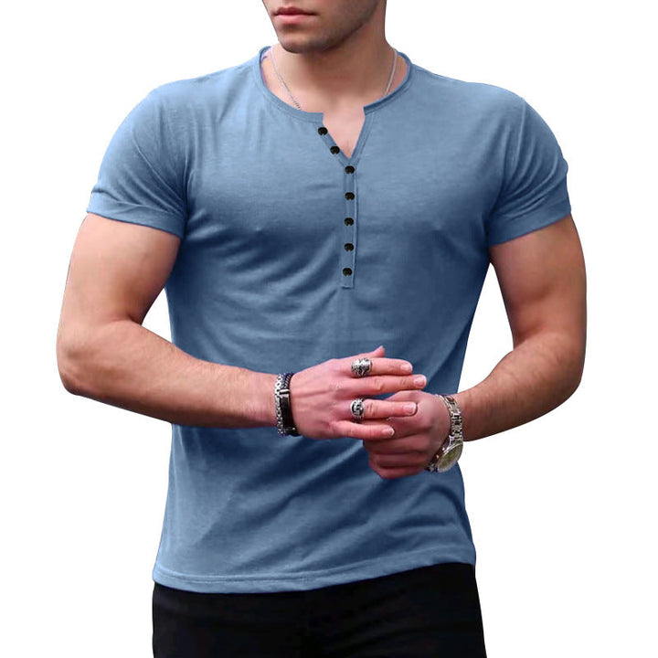 Refined Henley Elegance: Men's Short Sleeve Button-Up Solid Color T-Shirt