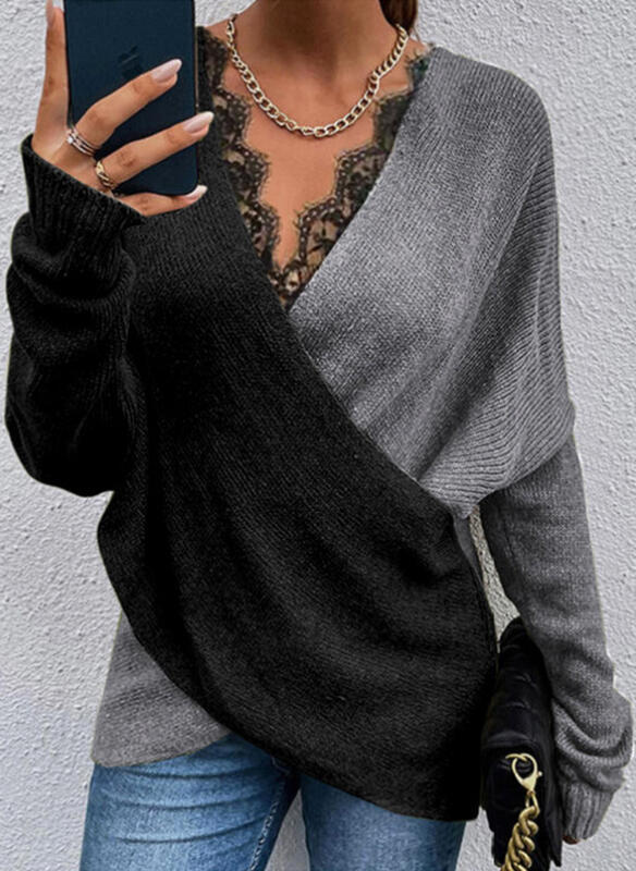 Knitted Temperament Commuter Color Matching V-neck Loose Pullover