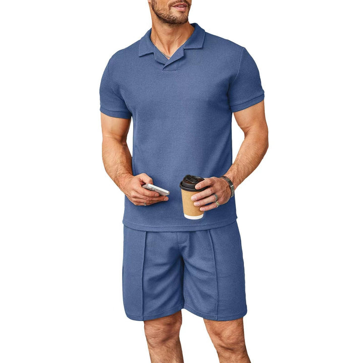 Men's Loose Waffle Polo Shirt Lapel Casual Two-Piece Set