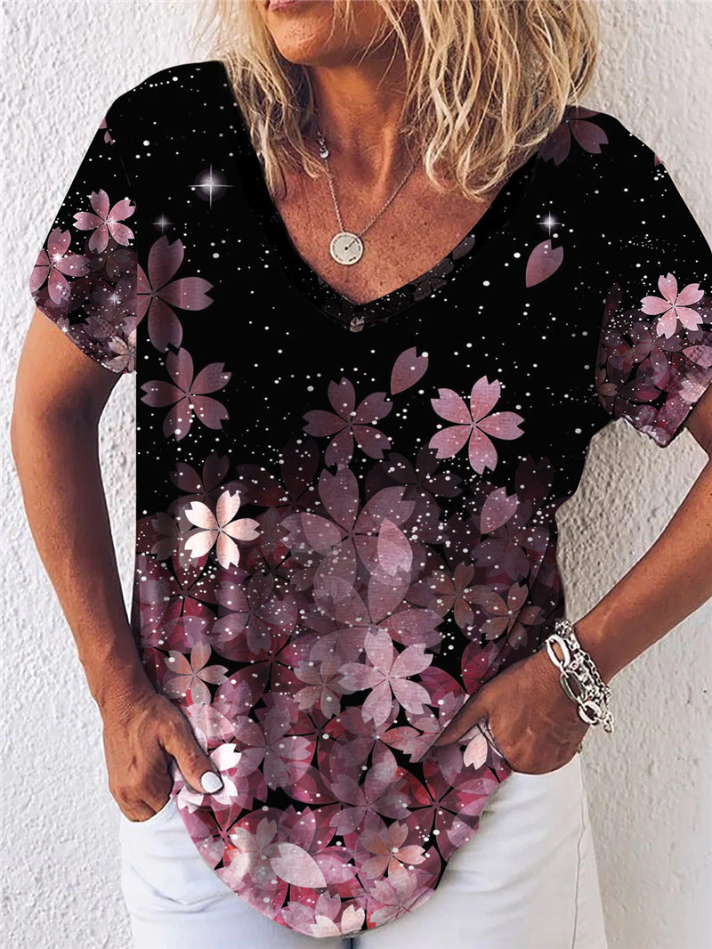 Summer Popular Floral Print Short-sleeved V-neck T-shirt For Women - Clevecorner