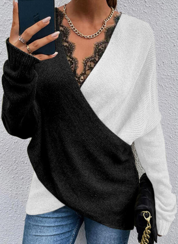 Knitted Temperament Commuter Color Matching V-neck Loose Pullover