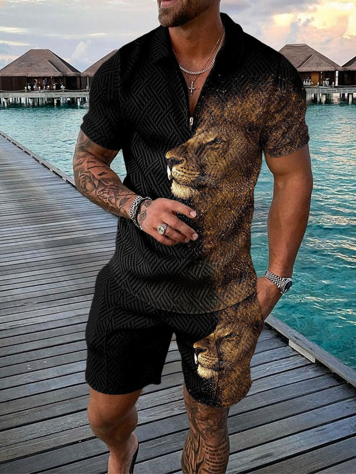 Men's Casual Color Contrast Polo Shirt - Short Sleeve Zip Lapel Suit