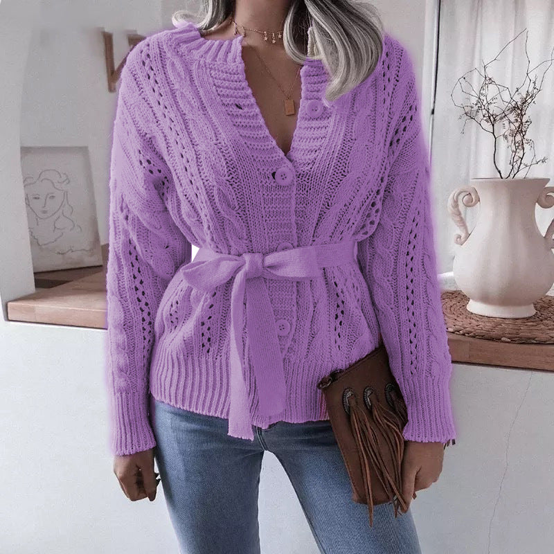 Twisted Buttoned Waist Knitted Cardigan - Clevecorner