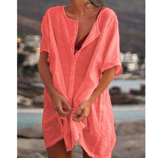Women's Cotton and Linen Plain Loose Long Shirt - Clevecorner