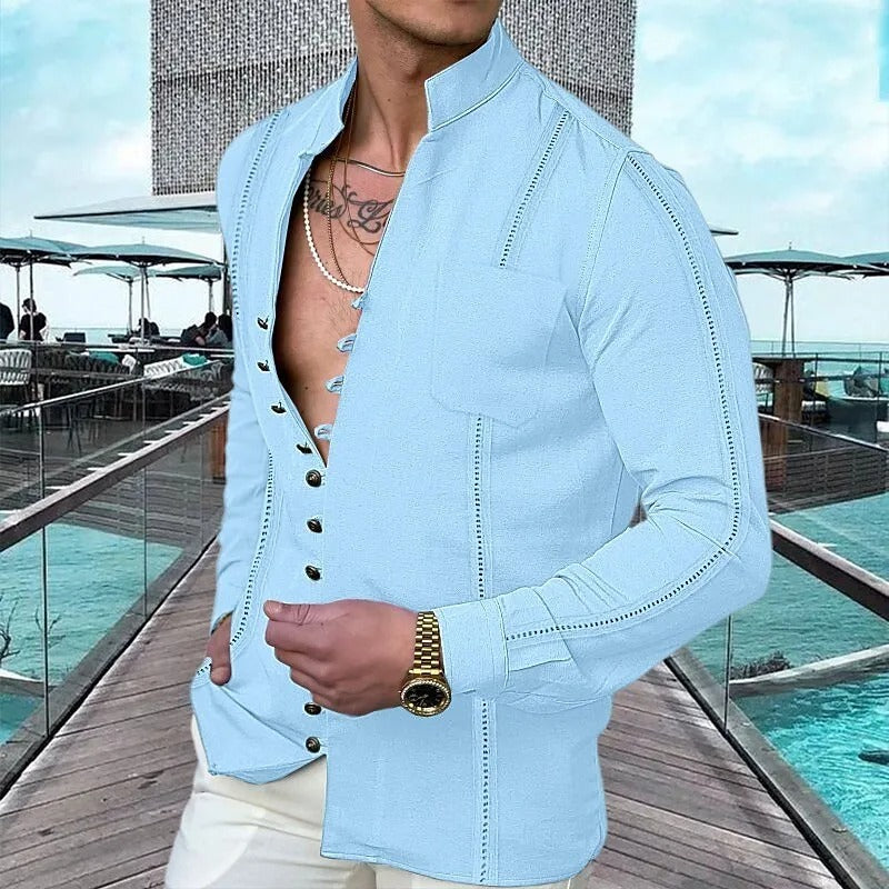 Men's Cotton Linen Solid Color Long Sleeve Shirt