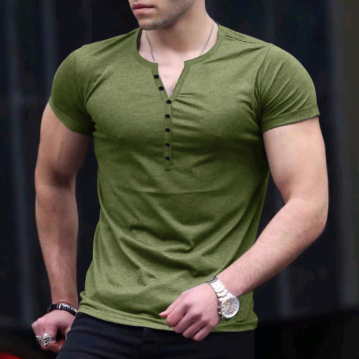 Refined Henley Elegance: Men's Short Sleeve Button-Up Solid Color T-Shirt