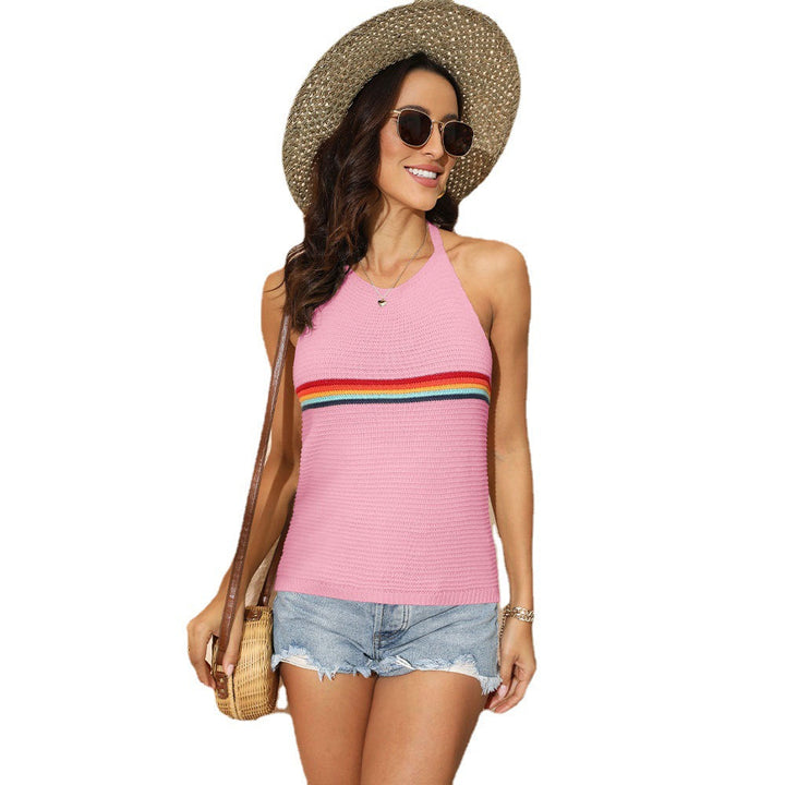 Rainbow Color Stripe Halter Backless Knitted Lace-up Vest