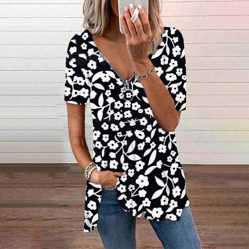 Women's V-neck Zipper Loose Floral T-shirt - Clevecorner