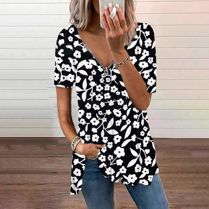 Women's V-neck Zipper Loose Floral T-shirt - Clevecorner