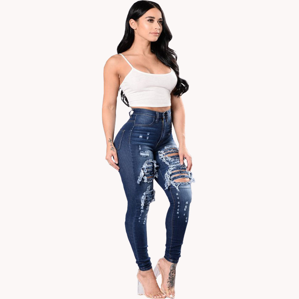 Women's Ripped Denim Washed Denim Pants - Clevecorner