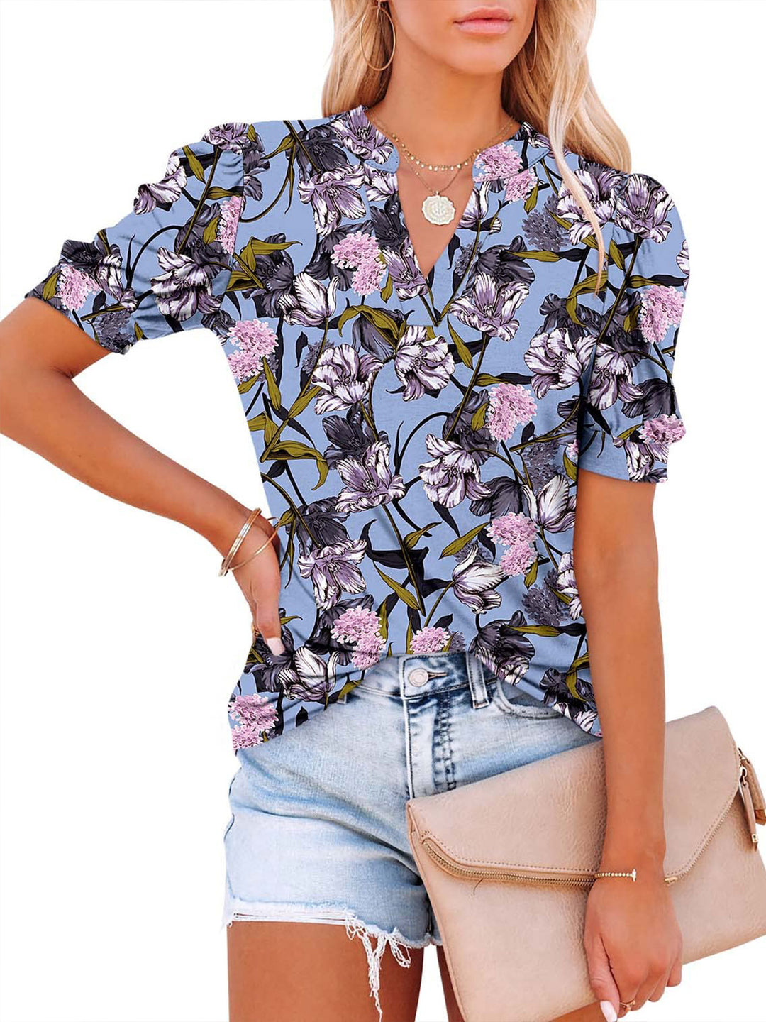 Fashion V-Neck Print Loose Casual Puff Sleeve Pullover Top