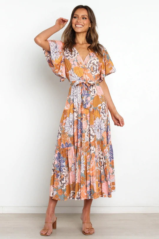 V-Neck Print Short Sleeve Bohemian Dress - Clevecorner