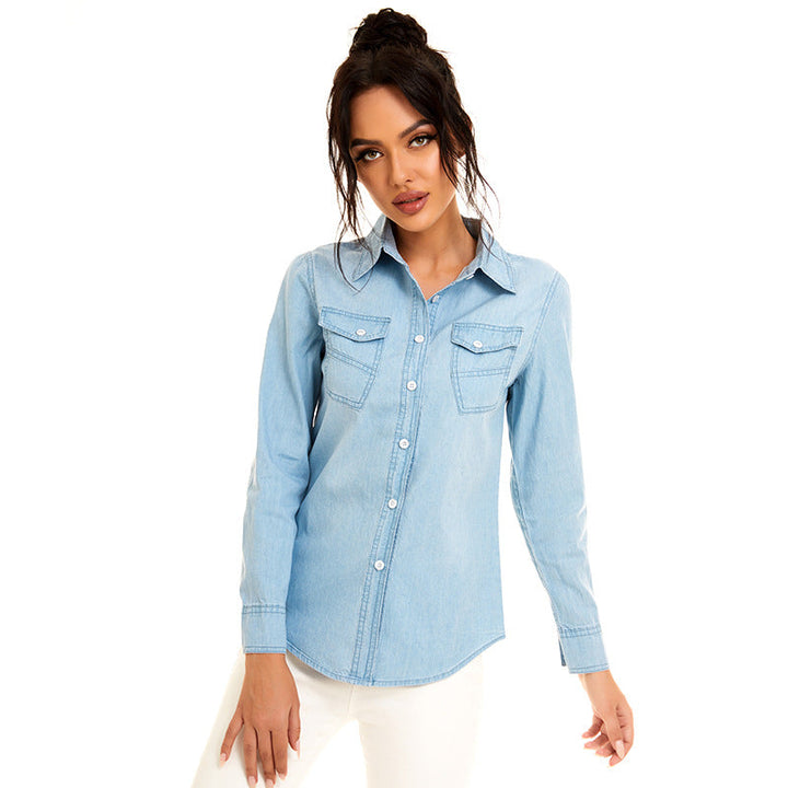 Women's Denim Irregular Pocket Shirt Jacket - Clevecorner