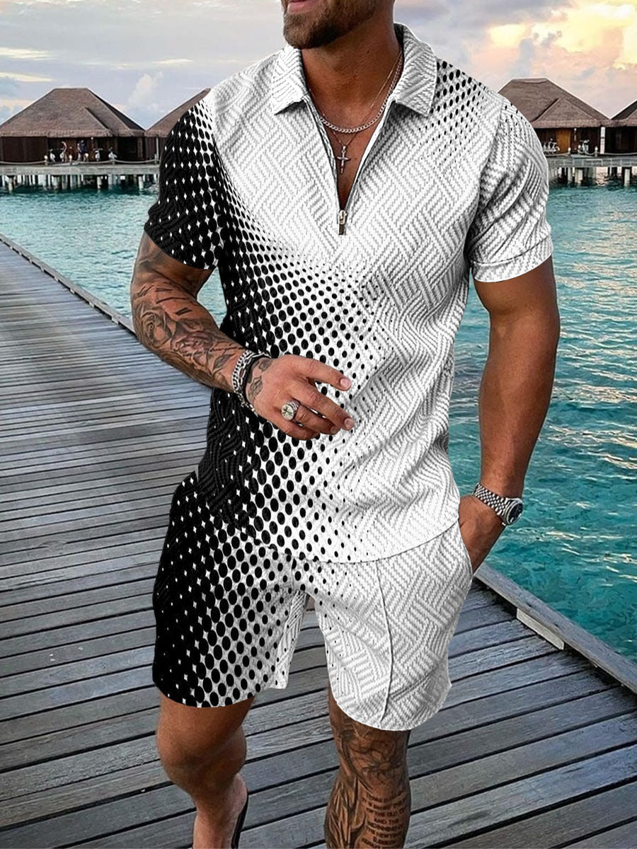 Men's Casual Color Contrast Polo Shirt - Short Sleeve Zip Lapel Suit