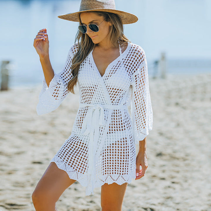 Women's New Knitted Crochet Cutout Tie Beach Blouse - Clevecorner