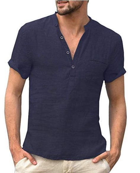 Casual Linen Solid Color Button V-Neck Beach Shirt