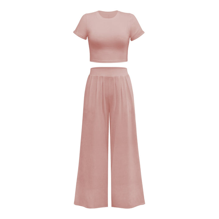 Solid Color Top Wide Leg Pants Two Piece Set