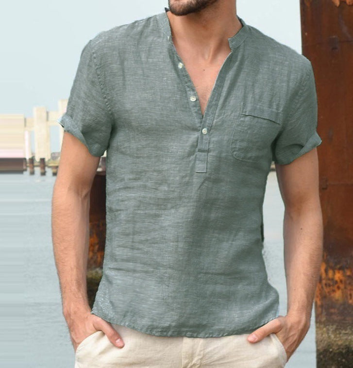 Casual Linen Solid Color Button V-Neck Beach Shirt