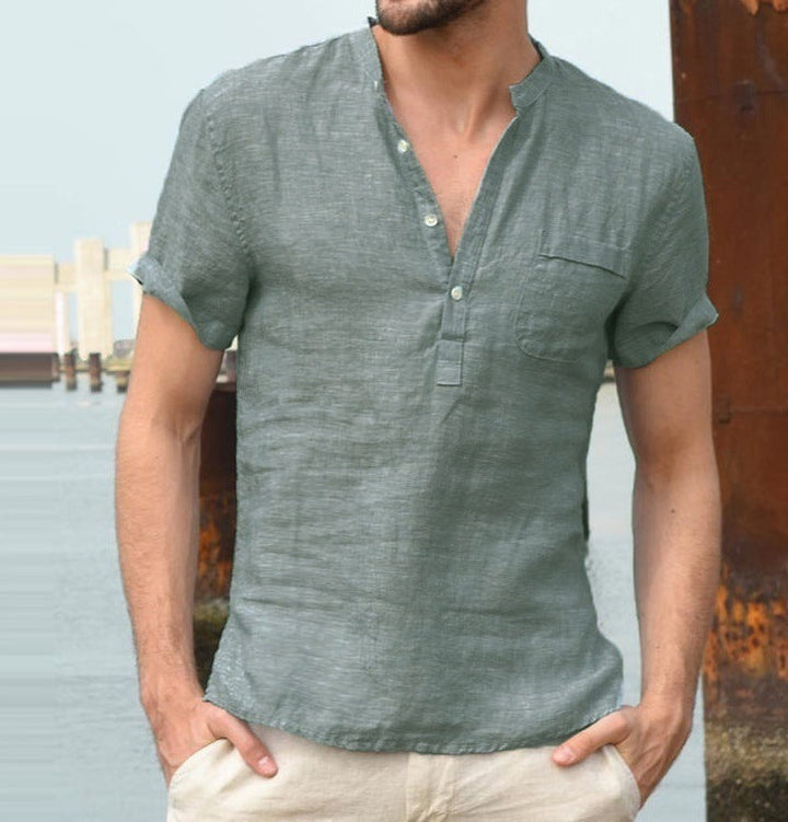 Casual Linen Solid Color Button V-Neck Beach Shirt