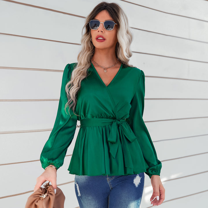 Women's Thin Fashion Tie Waist V-Neck Shirt - Clevecorner
