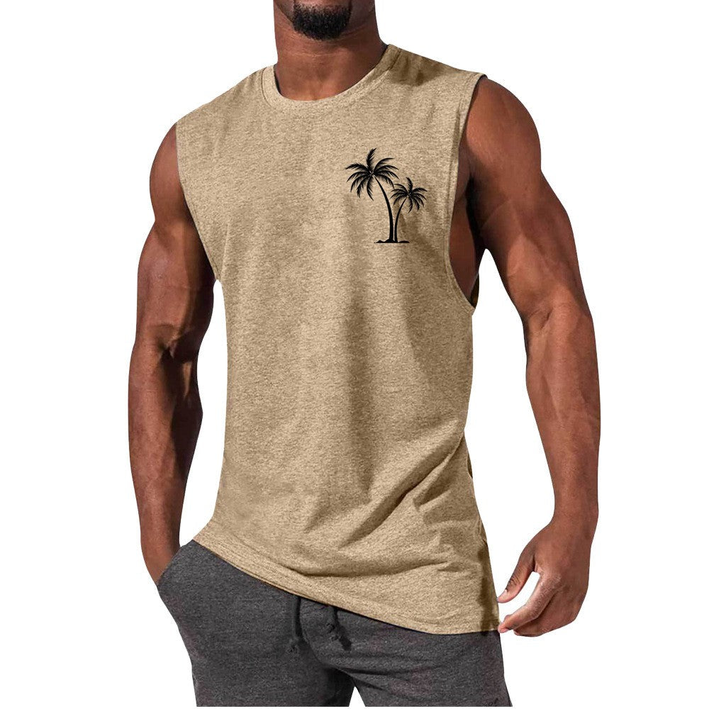 Coconut Tree Embroidery Vest Summer Beach & Workout Tank Top for Men
